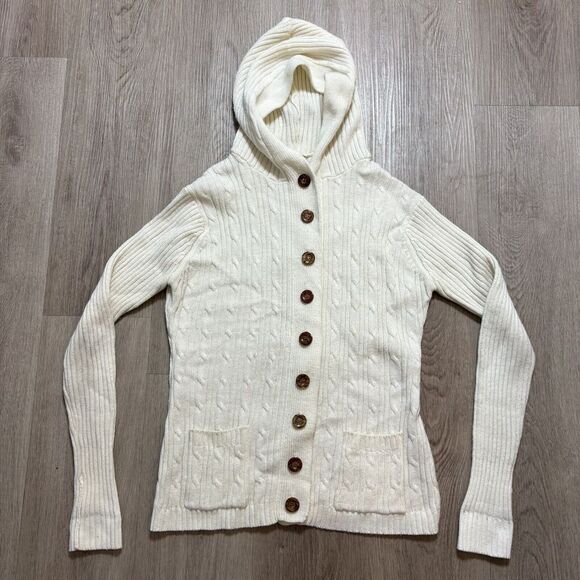 Vintage Montgomery Ward Cable Knit Hooded Cardigan Sweater Ivory w/ Wood Buttons - Picture 1 of 10